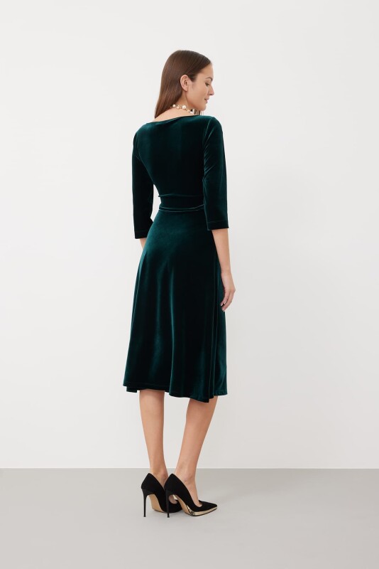 Turquoise Sleeve Midi Length Velvet Dress Petrol - Roman (1)