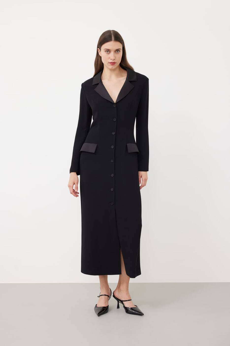 Satin Crepe Shirt Dress Black - 1