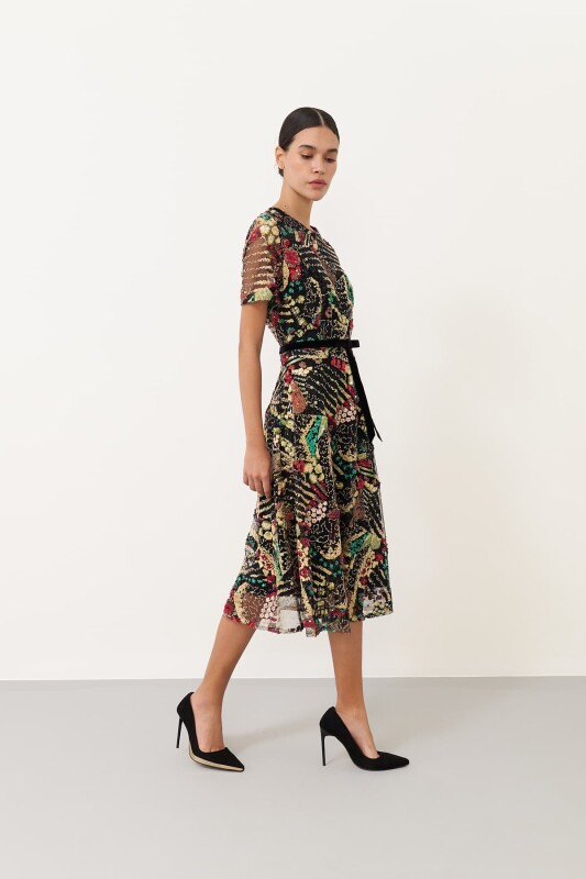 Desenli Payet Midi Elbise Standart Renk - 3