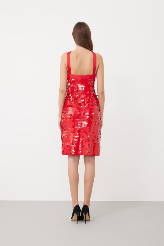 Tafta Fiyonk Detaylı Diz Boy Payet Elbise Kırmızı - 2