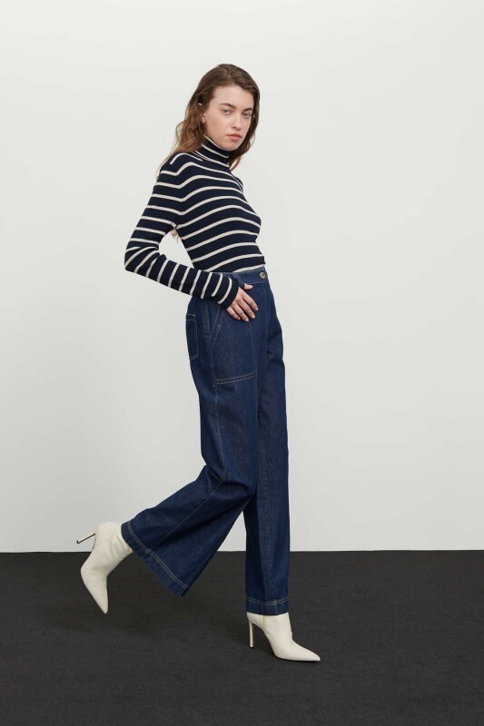 Denim Geniş Paça Pantolon Lacivert - 3