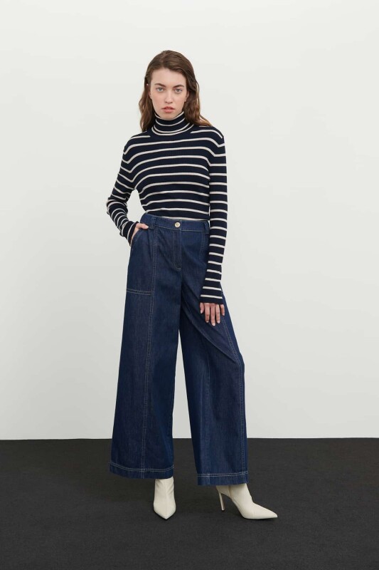 Denim Geniş Paça Pantolon Lacivert - 1