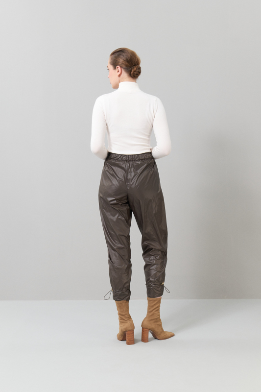 Elastic Waist Straight Leg Synthetic Trousers Khaki - Roman (1)