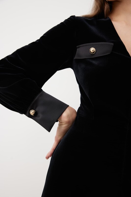 V-Neck Wide Leg Velvet Jumpsuit Black - 5