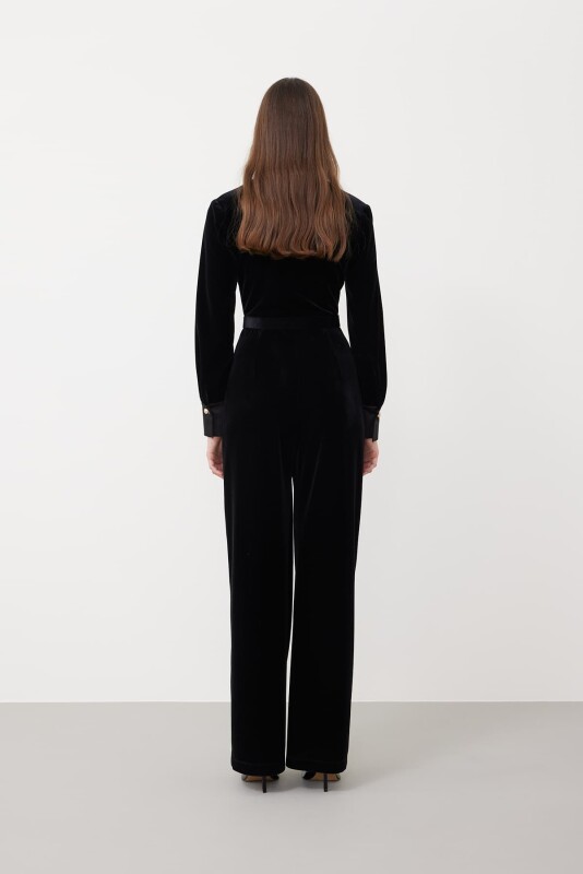 V Yaka Geniş Paça Kadife Tulum Siyah - Roman (1)