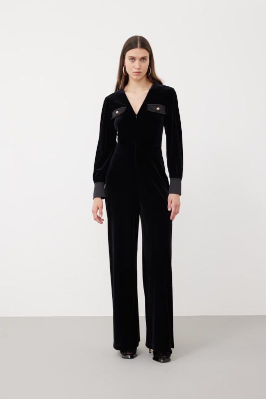 V-Neck Wide Leg Velvet Jumpsuit Black - 3