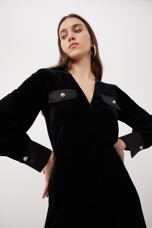 V-Neck Wide Leg Velvet Jumpsuit Black - 4