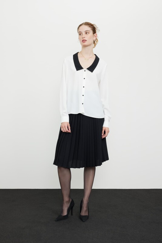 Yaka Detaylı Uzun Kol Crep Gömlek Standart Renk - 3