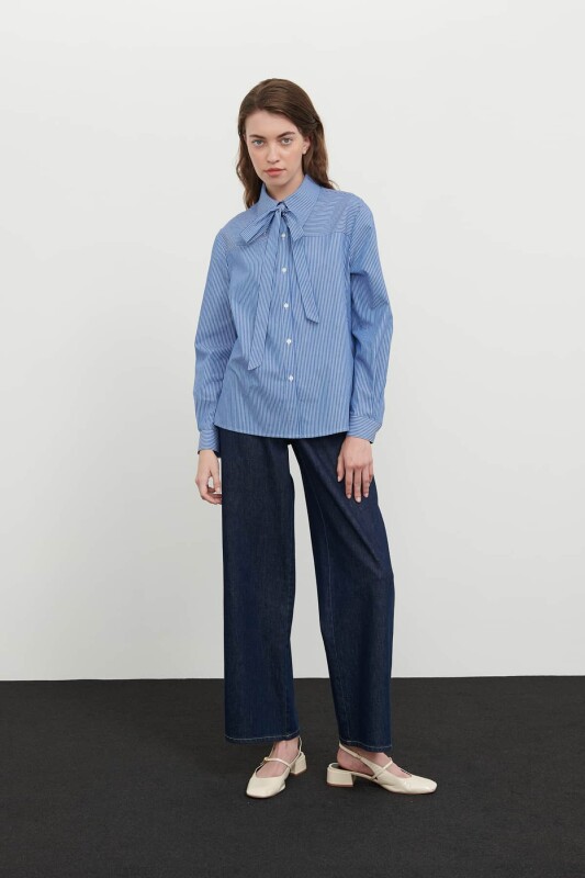 Yakası Fularlı Çizgili Poplin Gömlek Standart Renk - 4