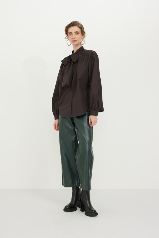 Fiyonk Detaylı Balon Kol Poplin Gömlek Kahve - 4