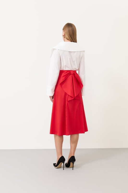 Arkası Fiyonk Detaylı Mini Tafta Etek Kırmızı - 2