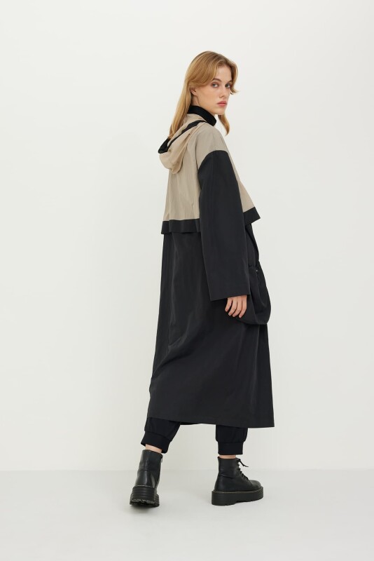 Kapüşonlu İki Renk Trençkot Siyah-Bej Siyah-Bej - Roman (1)