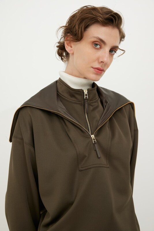 Zippered Knitted Sweatshirt Khaki - 3