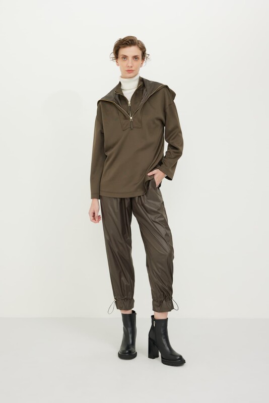 Zippered Knitted Sweatshirt Khaki - 4