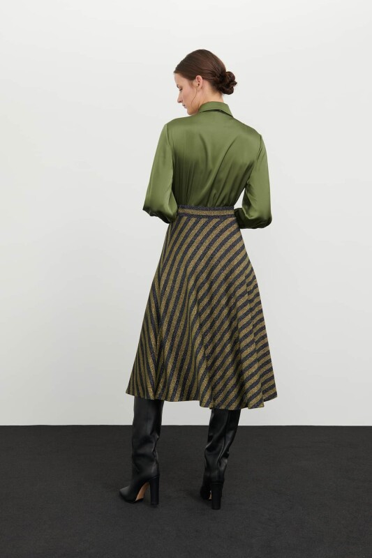 Beli Lastikli Çizgi Örme Midi Etek Standart Renk - Roman (1)