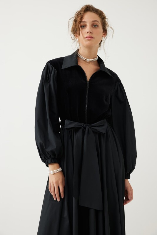 Balon Kol Fermuarlı Midi Elbise Siyah - 3