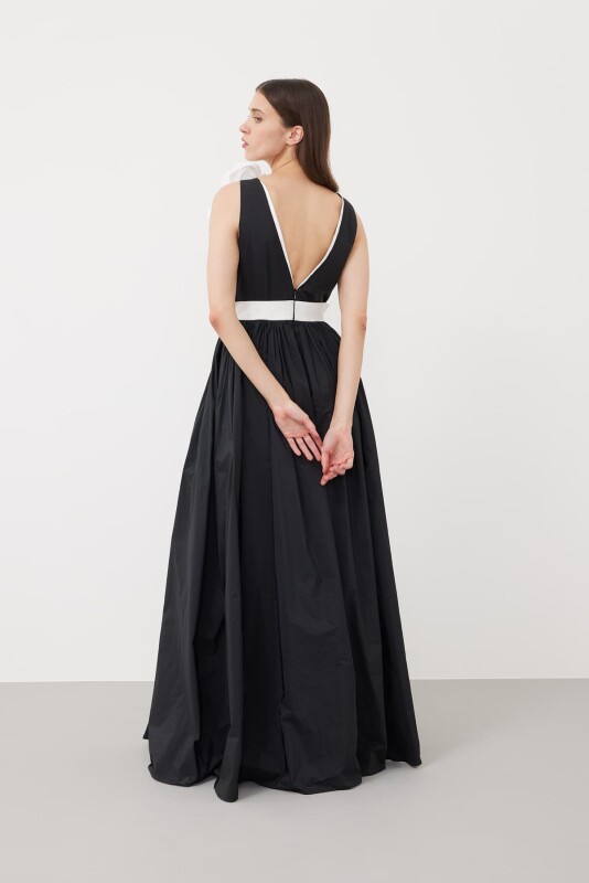 Kolsuz Maxı Boy Tafta Elbise Siyah - 2