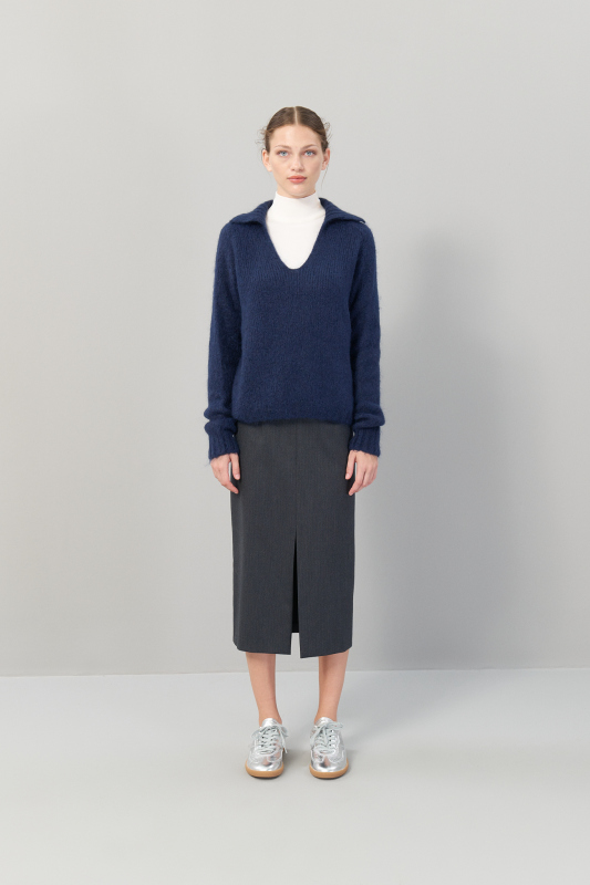 Yaka Detaylı Örme Triko Kazak Lacivert - 3