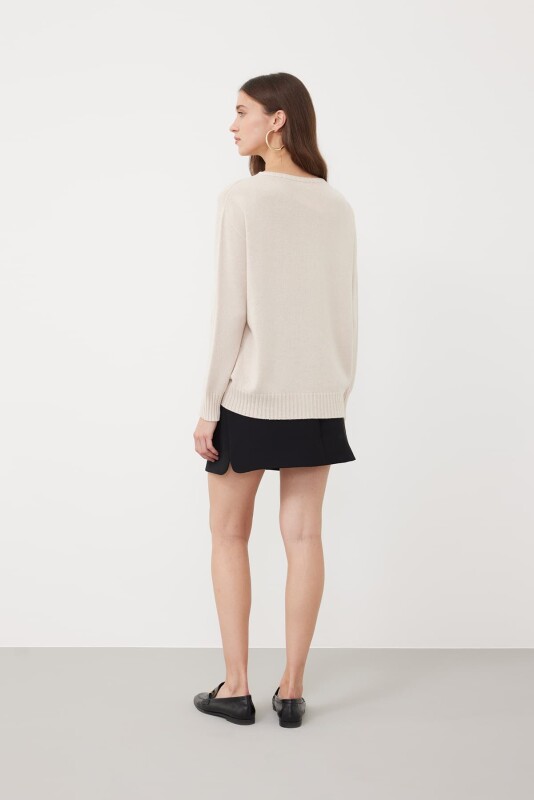 Bisiklet Yaka Uzun Kollu Yün Triko Bej - 2