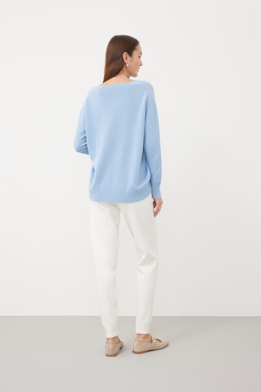 V-Neck Long Sleeve Knitwear Blue - 2