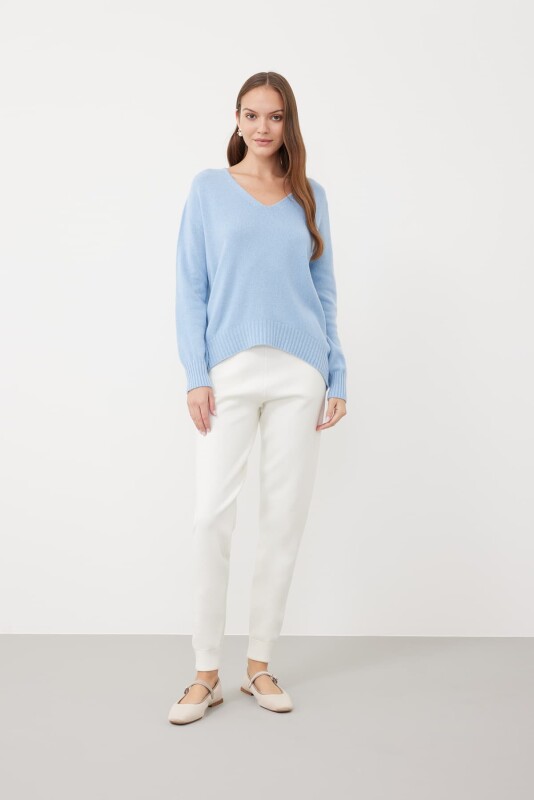 V-Neck Long Sleeve Knitwear Blue - 3