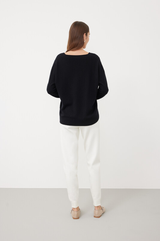 Kaşmir ve Yün Karışımlı V Yaka Kazak Siyah - 2