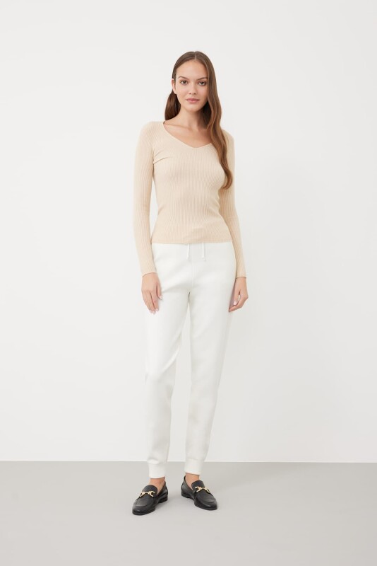 Basic V Yaka Ripli Triko Bej - 3