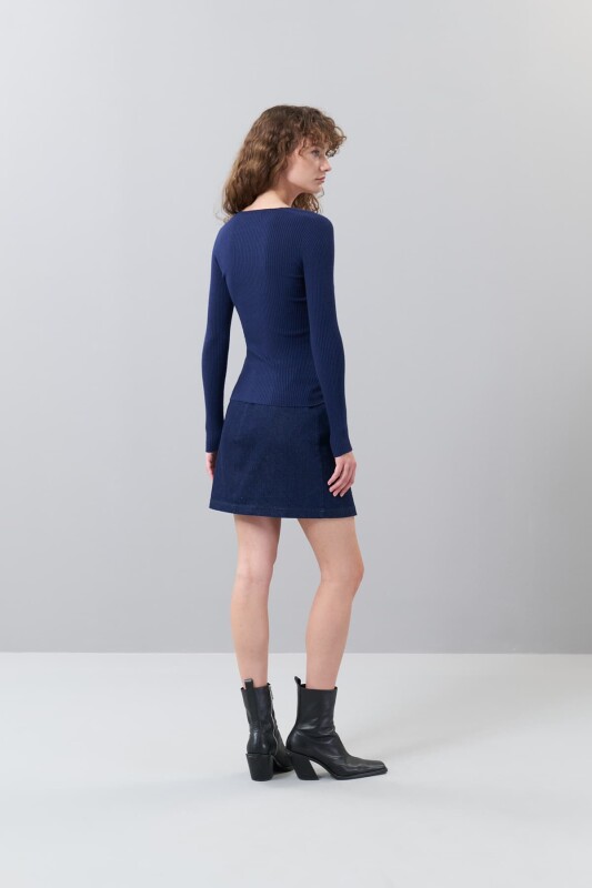 Basic V Yaka Ripli Triko Lacivert - Roman (1)