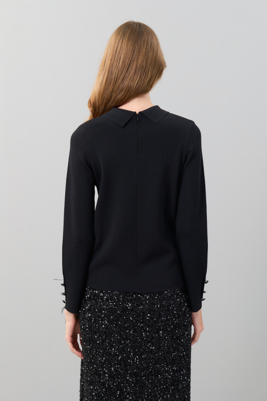 Payet Broşlu Uzun Kol Triko Siyah - Roman (1)