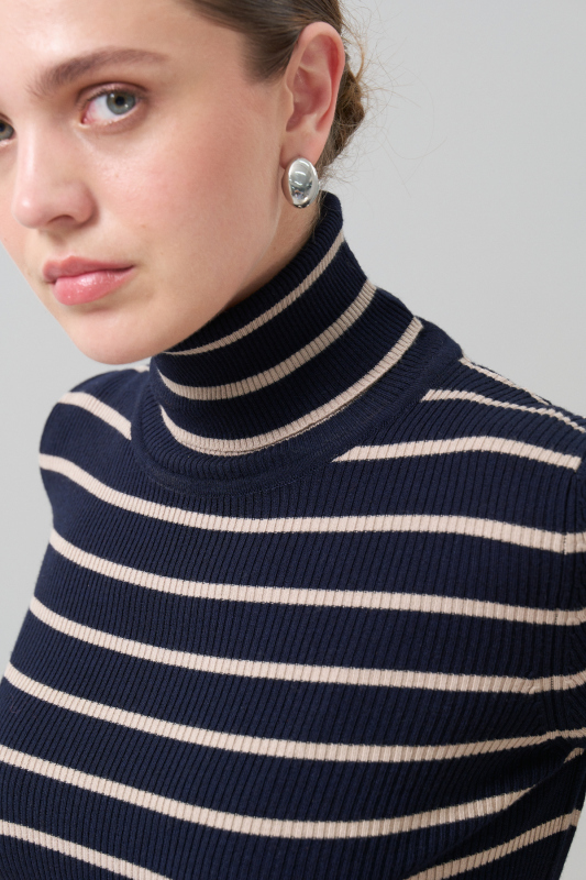 Balıkçı Yaka Çizğili Yün Triko Lacivert - Bej - 3