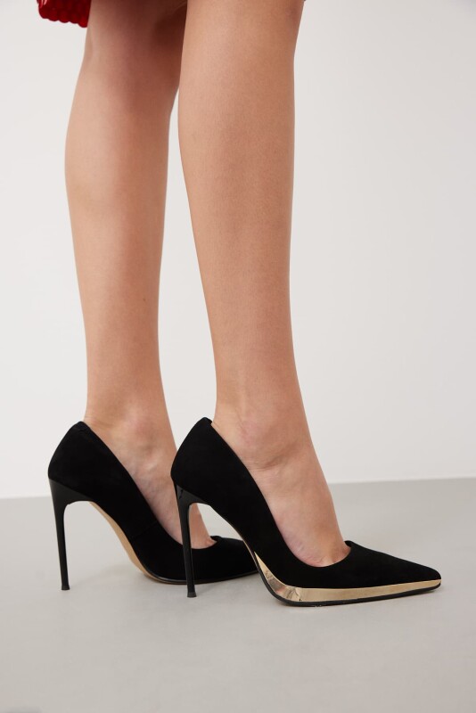Tabanı Metal Detaylı Kadife Stiletto Siyah - Roman (1)