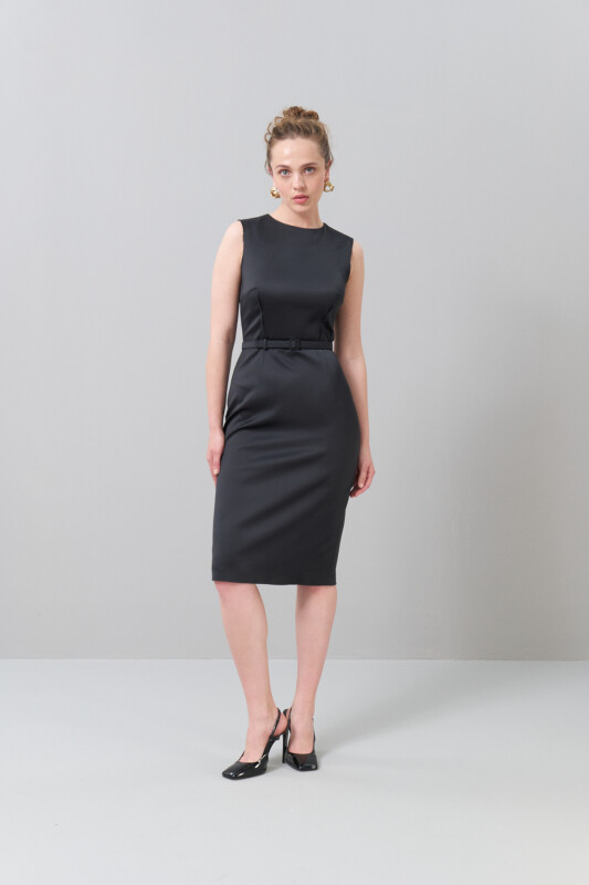 Beli Kemerli Midi Boy Elbise Siyah - 4