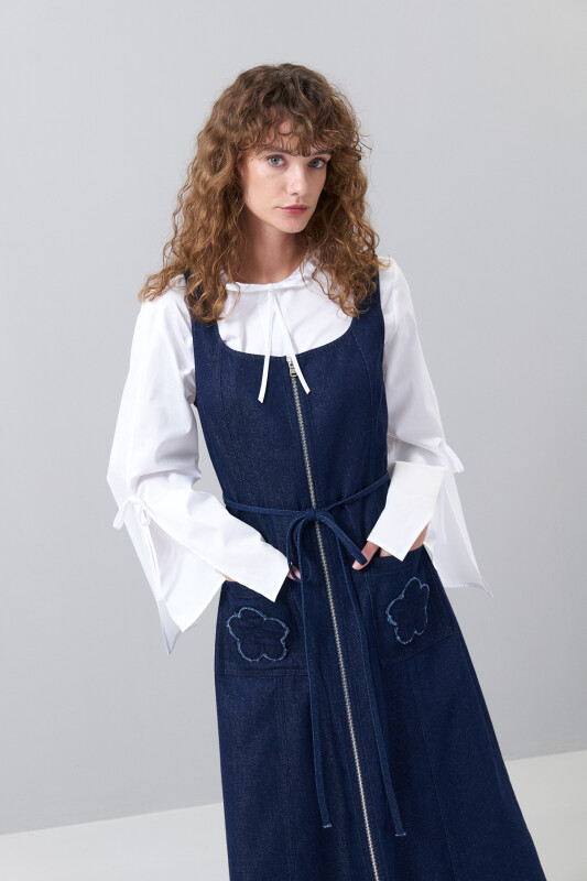 Kare Yaka Fermuarlı Midi Boy Denim Elbise Lacivert - 3