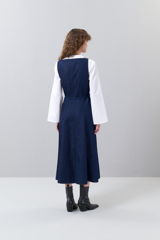 Kare Yaka Fermuarlı Midi Boy Denim Elbise Lacivert - 2