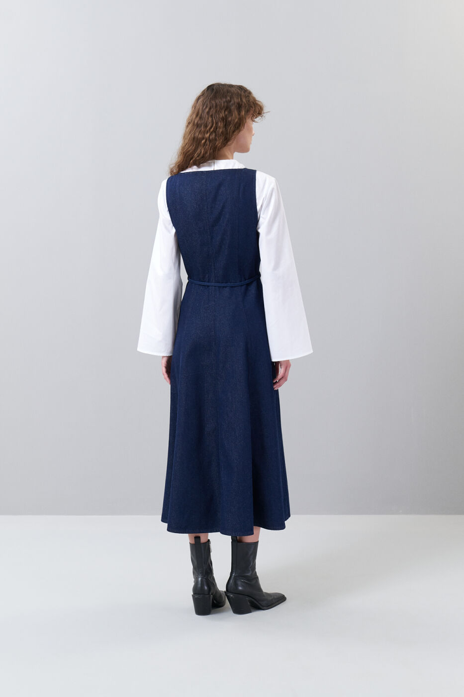Kare Yaka Fermuarlı Midi Boy Denim Elbise Lacivert - 2