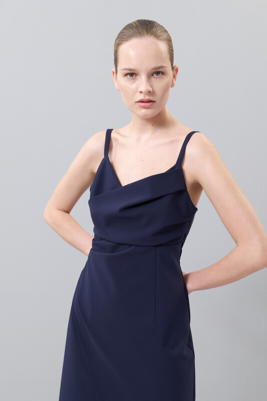 Askılı Drape Detaylı Asimetrik Elbise Lacivert - 3