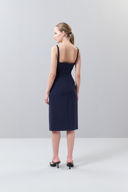 Askılı Drape Detaylı Asimetrik Elbise Lacivert - Roman (1)