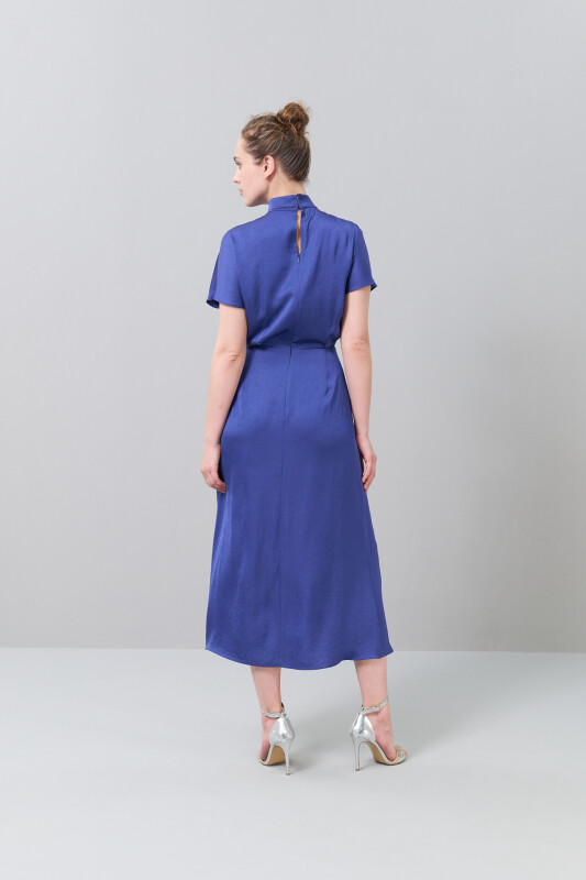 Önü Bağlama Detaylı Saten Midi Boy Elbise Saks - 2