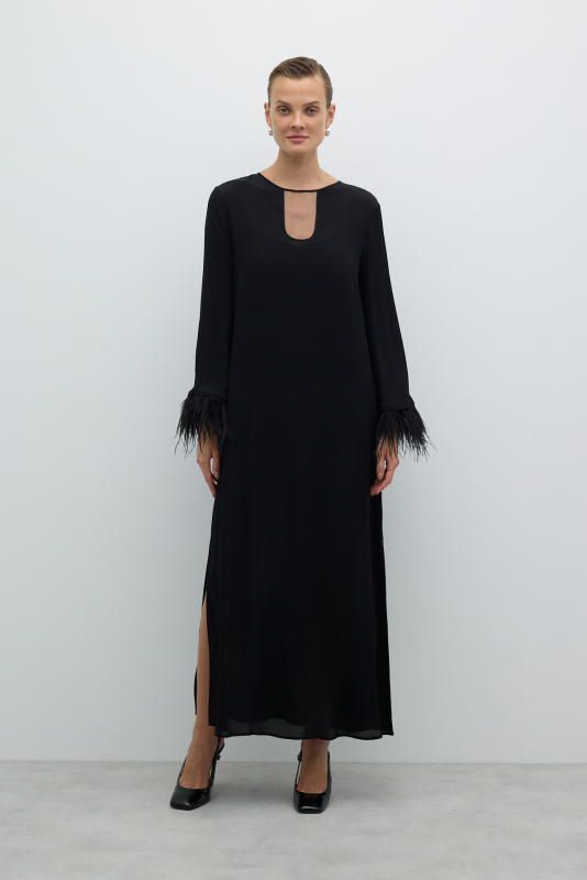 Yırtmaçlı Kolları Otriş Detaylı Elbise Siyah - Roman