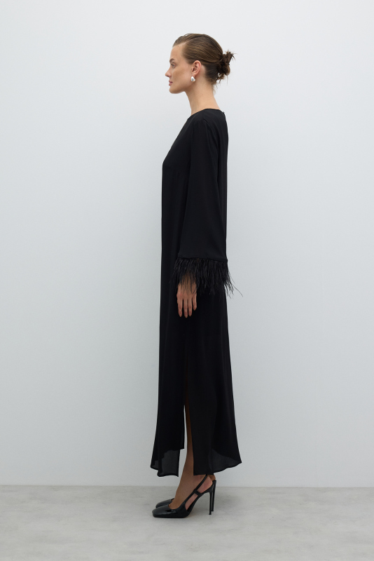 Yırtmaçlı Kolları Otriş Detaylı Elbise Siyah - 5