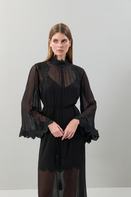 Dantel Detaylı İspanyol Kol Şifon Elbise Siyah - 4