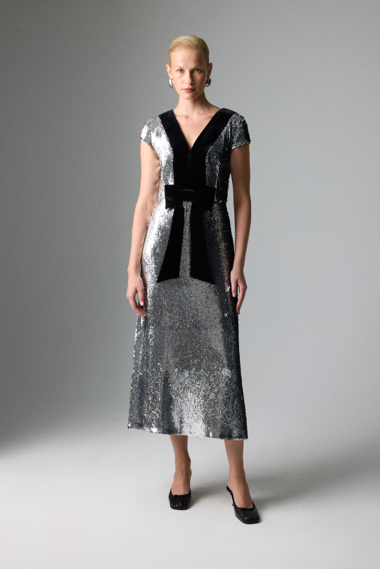 Payetli Midi Boy Elbise Gümüş - Roman