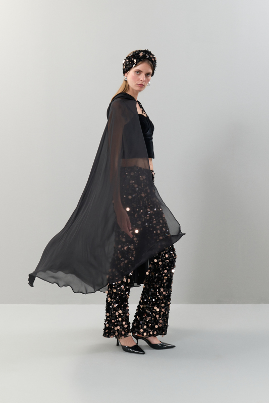 Bağlama Detaylı Dokuma Kaftan Siyah - 3