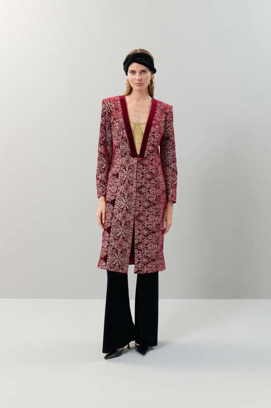 İşlemeli Kadife Kaftan Bordo - 3