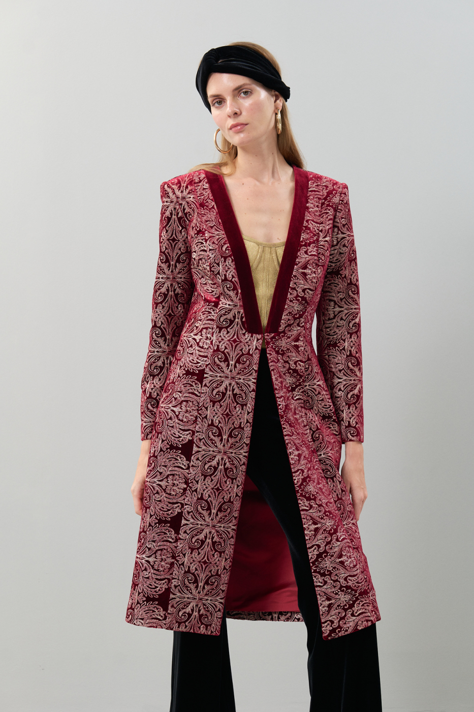 İşlemeli Kadife Kaftan Bordo - 1
