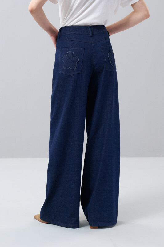 Papatya Motifli Geniş Paça Denim Pantolon Lacivert - 2