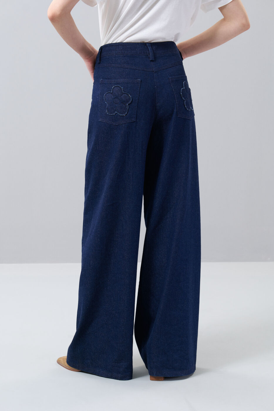 Papatya Motifli Geniş Paça Denim Pantolon Lacivert - 2