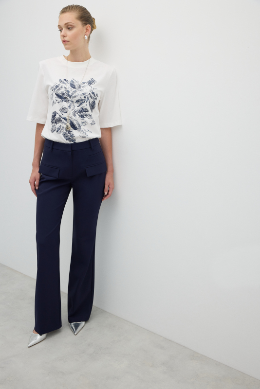 Süs Cep Kapaklı Geniş Paça Pantolon Lacivert - 5