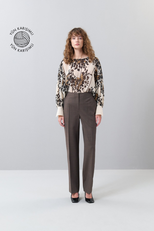 Ekose Desenli Düz Paça Yün Pantolon Kahve - Roman