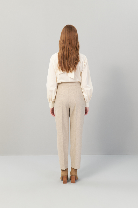 Çift Pileli Yün Pantolon Bej - 2